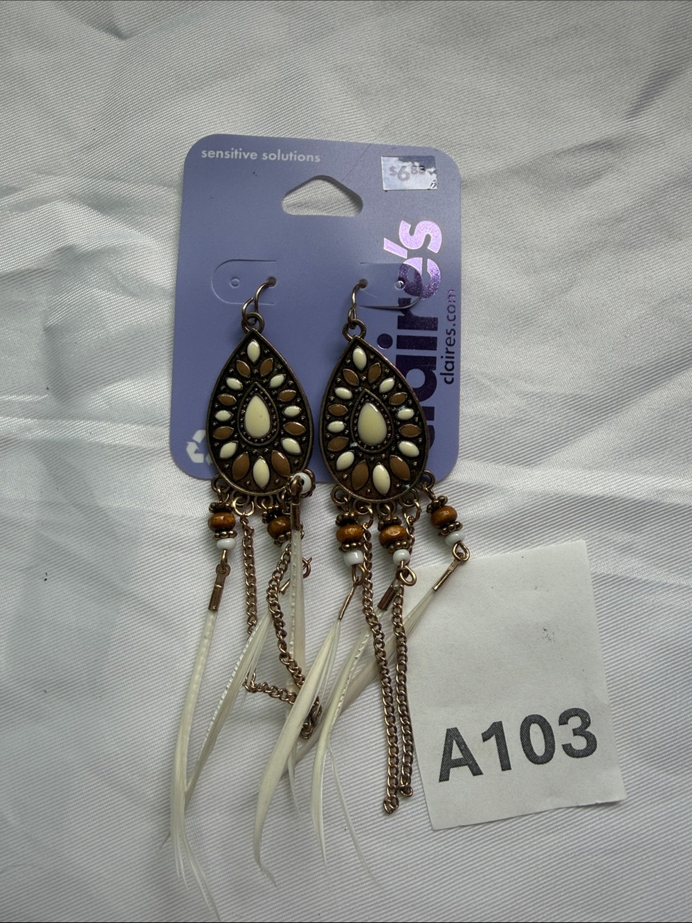 Claire's Ivory and Antique Gold Teardrop Fringe Earrings
